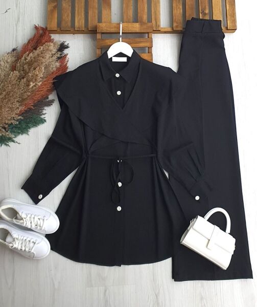 LUBAZ OMUZU ŞALLI BELİ İPLİ KETEN TUNİK A3-5-5683-01-SİYAH - 1