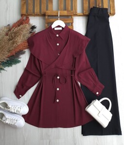 LUBAZ OMUZU ŞALLI BELİ İPLİ KETEN TUNİK A3-5-5683-04-BORDO - 