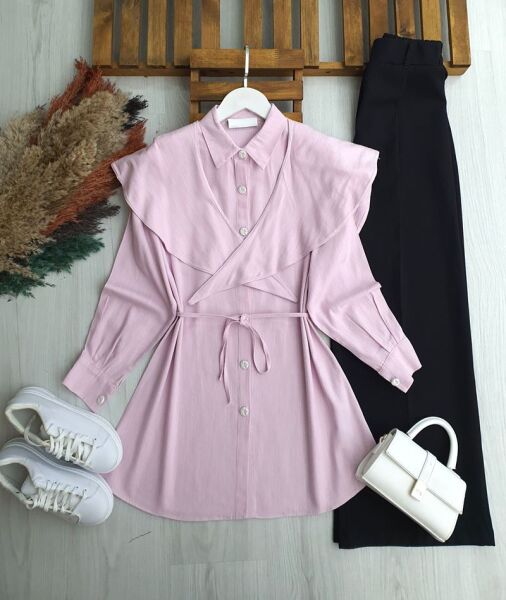 LUBAZ OMUZU ŞALLI BELİ İPLİ KETEN TUNİK A3-5-5683-05-PUDRA - 1