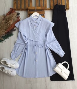 LUBAZ OMUZU ŞALLI BELİ İPLİ KETEN TUNİK A3-5-5683-10-MAVİ - 