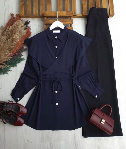 LUBAZ OMUZU ŞALLI BELİ İPLİ KETEN TUNİK A3-5-5683-12-LACİVERT - 1