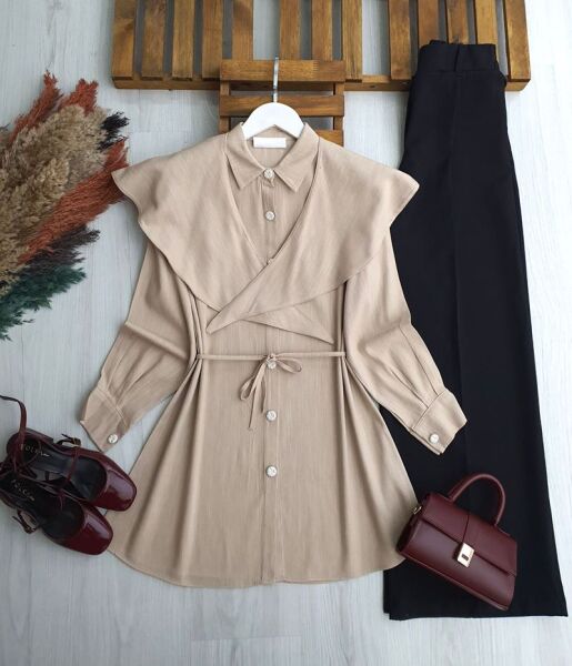 LUBAZ OMUZU ŞALLI BELİ İPLİ KETEN TUNİK A3-5-5683-34-BEJ - 1