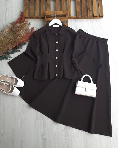 LUCA BEL OTURTMA DİKİŞLİ METAL DÜĞMELİ ETEKLİ TAKIM B4-1-1705-37-KAHVE - 1