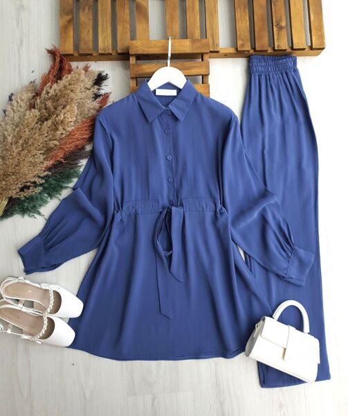 LUCES YARIM DÜĞMELİ BELİ BAĞCIKLI CUPRA İKİLİ TAKIM 1710-11-İNDİGO - 1