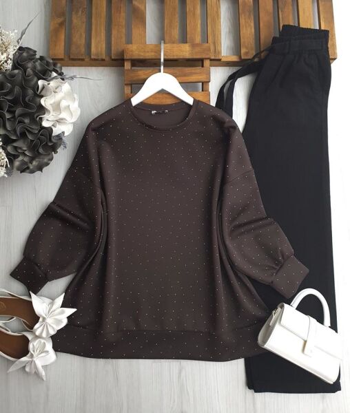 LUGSA KOMPLE TAŞLI OVERSİZE TUNİK C2-5618-37-KAHVE - 1