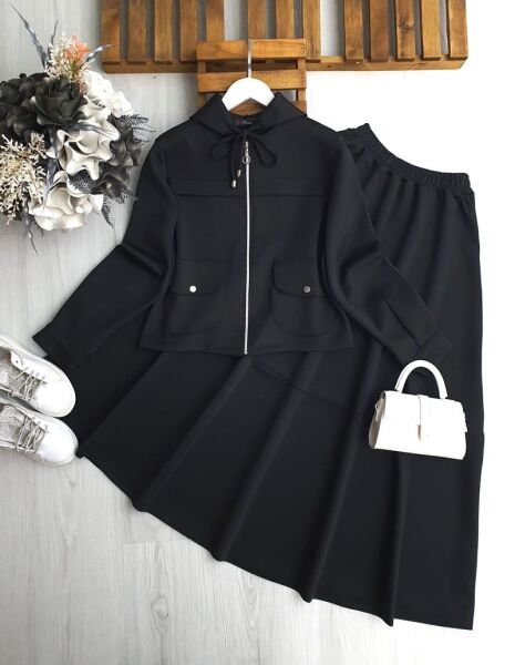 LUGSA OVAL CEPLİ PANEL ŞERİTLİ FERMUARLI ETEKLİ TAKIM 1689-01-SİYAH - 1