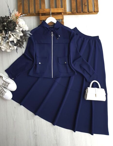 LUGSA OVAL CEPLİ PANEL ŞERİTLİ FERMUARLI ETEKLİ TAKIM 1689-12-LACİVERT - 1