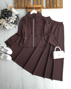 LUGSA OVAL CEPLİ PANEL ŞERİTLİ FERMUARLI ETEKLİ TAKIM A6-2-1689-37-KAHVE - 