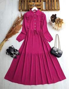 LULU FIRFIRLI DÜĞMELİ BELİ BAĞCIKLI GÖMLEK YAKA ELBİSE A6-5-2299-28-FUŞYA - 