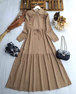 LULU FIRFIRLI DÜĞMELİ BELİ BAĞCIKLI GÖMLEK YAKA ELBİSE B9-2-2299-48-BİSKÜVİ - 