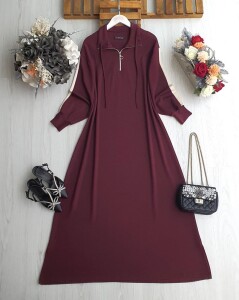 LUN KOLU ŞERİTLİ YARIM FERMUARLI BAĞCIKLI RAHAT KALIP ELBİSE B8-4-2414-04-BORDO - 