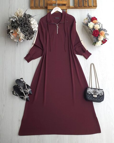 LUN KOLU ŞERİTLİ YARIM FERMUARLI BAĞCIKLI RAHAT KALIP ELBİSE B8-4-2414-04-BORDO - 1