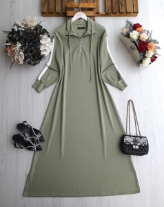 LUN KOLU ŞERİTLİ YARIM FERMUARLI BAĞCIKLI RAHAT KALIP ELBİSE B8-4-2414-07-YEŞİL - 1