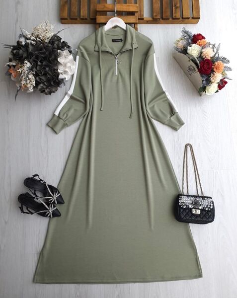 LUN KOLU ŞERİTLİ YARIM FERMUARLI BAĞCIKLI RAHAT KALIP ELBİSE B8-4-2414-07-YEŞİL - 1