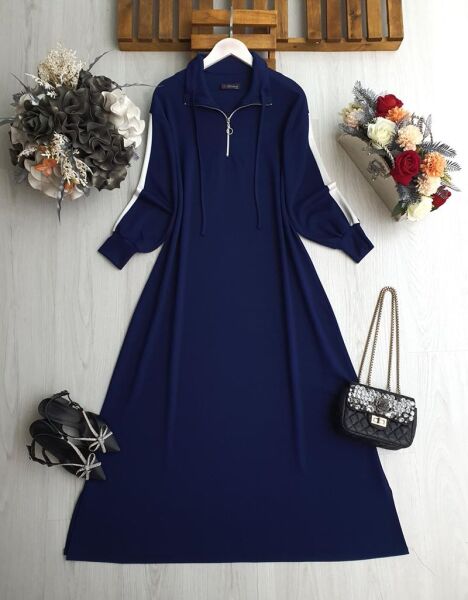 LUN KOLU ŞERİTLİ YARIM FERMUARLI BAĞCIKLI RAHAT KALIP ELBİSE B8-4-2414-12-LACİVERT - 1