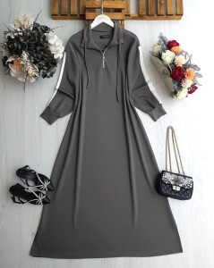 LUN KOLU ŞERİTLİ YARIM FERMUARLI BAĞCIKLI RAHAT KALIP ELBİSE B8-4-2414-58-FÜME - 1