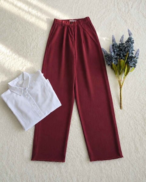 LUNDA PAÇALARI PÜSKÜLLÜ BELİ ARKADAN LASTİKLİ KETEN BOL PANTOLON C9-6067-04-BORDO - 1
