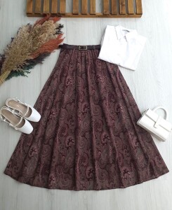 LUNELA ETNİK DESEN DERİ KEMERLİ BELİ LASTİKLİ ASTARLI ŞİFON ETEK B9-3-6103-04-BORDO 
