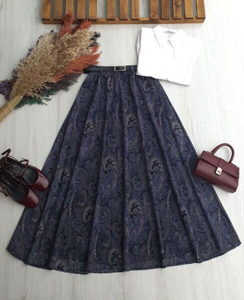 LUNELA ETNİK DESEN DERİ KEMERLİ BELİ LASTİKLİ ASTARLI ŞİFON ETEK B9-3-6103-12-LACİVERT - 1