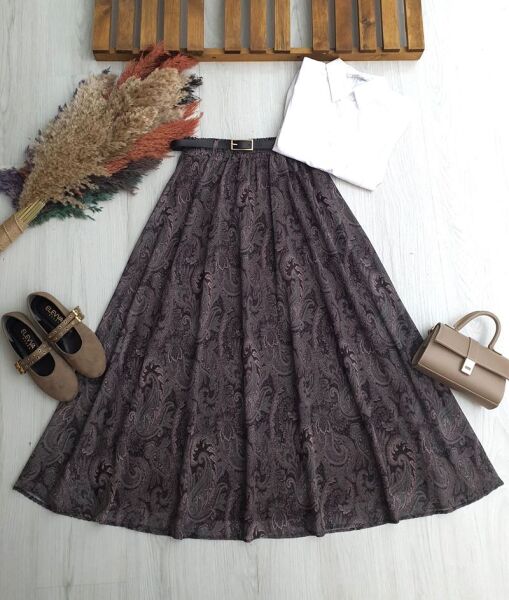 LUNELA ETNİK DESEN DERİ KEMERLİ BELİ LASTİKLİ ASTARLI ŞİFON ETEK B9-3-6103-37-KAHVE - 1