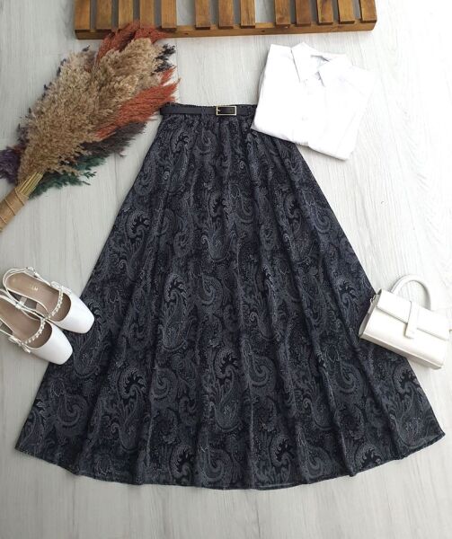 LUNELA ETNİK DESEN DERİ KEMERLİ BELİ LASTİKLİ ASTARLI ŞİFON ETEK B9-3-6103-58-FÜME - 1