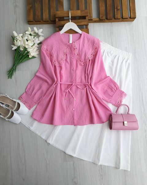 LUNGEH DANTEL BÜYÜK YAKA SALAŞ GÖMLEK B7-4-5700-05-PUDRA - 1