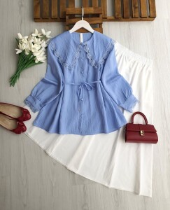 LUNGEH DANTEL BÜYÜK YAKA SALAŞ GÖMLEK B7-4-5700-10-MAVİ - 1