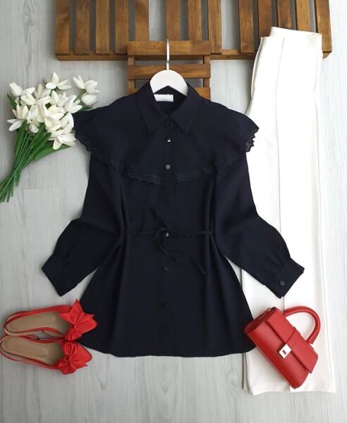 LUNSA DANTELLİ PELERİN YAKA SALAŞ GÖMLEK TUNİK B3-1-5701-01-SİYAH - 1