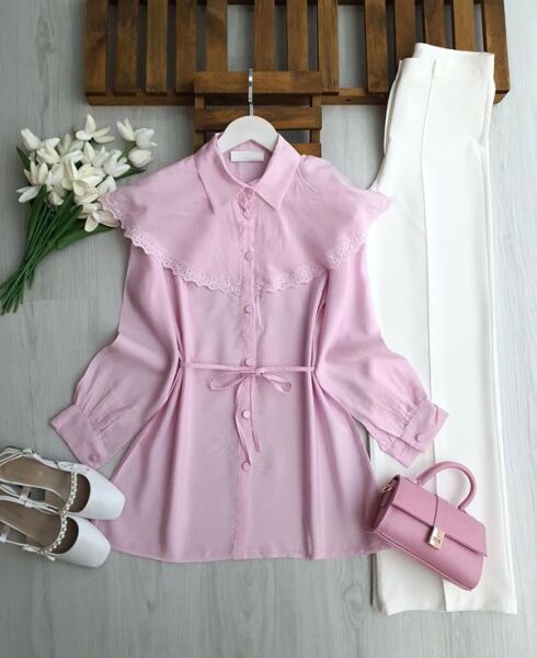 LUNSA DANTELLİ PELERİN YAKA SALAŞ GÖMLEK TUNİK B3-1-5701-05-PUDRA - 1