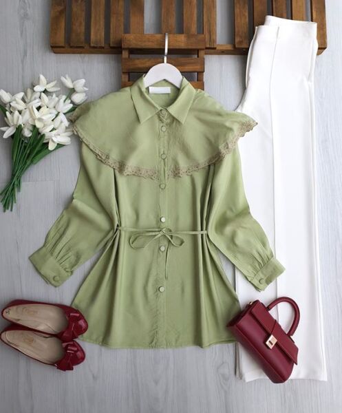 LUNSA DANTELLİ PELERİN YAKA SALAŞ GÖMLEK TUNİK B3-1-5701-07-YEŞİL - 1