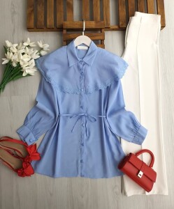 LUNSA DANTELLİ PELERİN YAKA SALAŞ GÖMLEK TUNİK B3-1-5701-10-MAVİ - 1