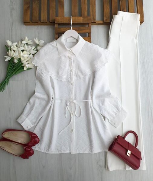 LUNSA DANTELLİ PELERİN YAKA SALAŞ GÖMLEK TUNİK B3-1-5701-20-BEYAZ - 1