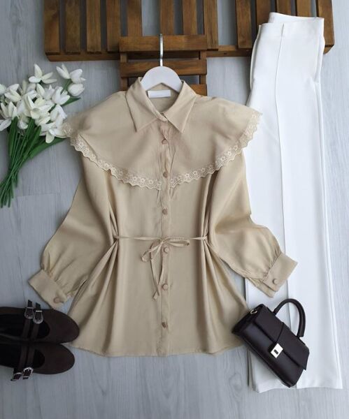 LUNSA DANTELLİ PELERİN YAKA SALAŞ GÖMLEK TUNİK B3-1-5701-34-BEJ - 1