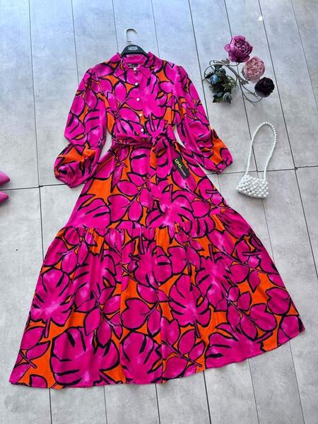 LUOY YARIM DÜĞMELİ YAKALI PAMUK VİSKON ELBİSE B10-5-2312-28-FUŞYA - 1