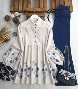 LUS NAKIŞLI SALAŞ KETEN TUNİK B8-3-23354-49-11-EKRU-İNDİGO - 