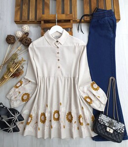 LUS NAKIŞLI SALAŞ KETEN TUNİK B8-3-23354-49-19-EKRU-HARDAL - 