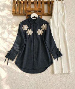 LUSEC ÇİÇEK AKSESUARLI KOL BAĞCIKLI GÖMLEK TUNİK B2-7-5734-01-SİYAH 