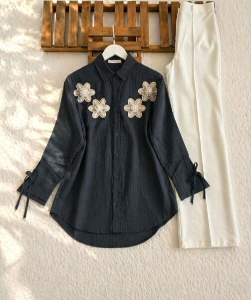 LUSEC ÇİÇEK AKSESUARLI KOL BAĞCIKLI GÖMLEK TUNİK B2-7-5734-01-SİYAH - 1