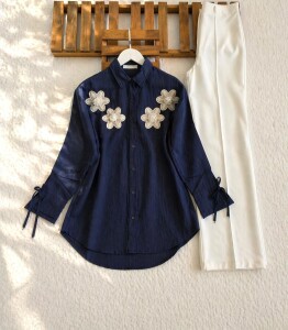 LUSEC ÇİÇEK AKSESUARLI KOL BAĞCIKLI GÖMLEK TUNİK B2-7-5734-12-LACİVERT 