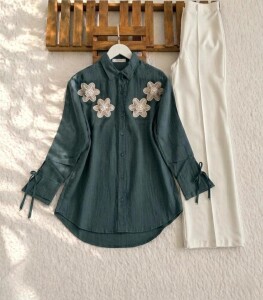 LUSEC ÇİÇEK AKSESUARLI KOL BAĞCIKLI GÖMLEK TUNİK B2-7-5734-46-PETROL - 