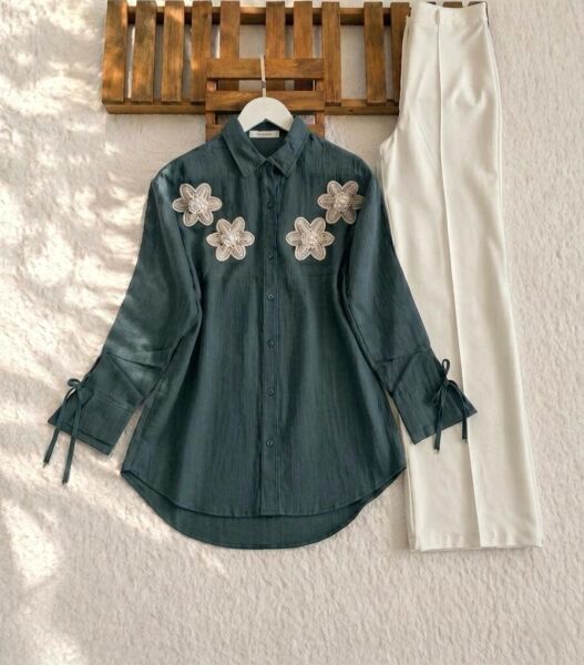 LUSEC ÇİÇEK AKSESUARLI KOL BAĞCIKLI GÖMLEK TUNİK B2-7-5734-46-PETROL - 1