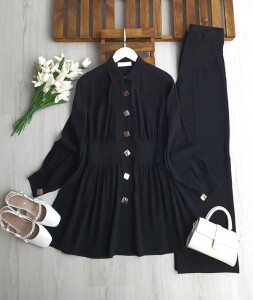 LUYBE BELİ DİKİŞLİ BÜYÜK DÜĞMELİ TUNİK 5696-01-SİYAH - 1