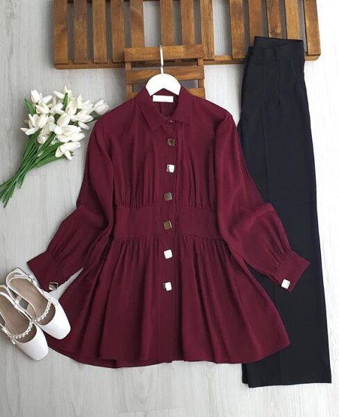 LUYBE BELİ DİKİŞLİ BÜYÜK DÜĞMELİ TUNİK 5696-04-BORDO - 1