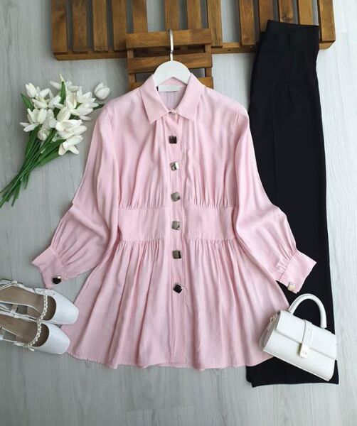 LUYBE BELİ DİKİŞLİ BÜYÜK DÜĞMELİ TUNİK 5696-05-PUDRA - 1