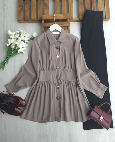 LUYBE BELİ DİKİŞLİ BÜYÜK DÜĞMELİ TUNİK 5696-25-VİZON - 1