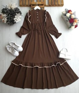 MAGE BİYELİ FIRFIRLI BELİ İPLİ SALAŞ ELBİSE B11-2-2397-37-KAHVE - 
