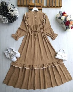 MAGE BİYELİ FIRFIRLI BELİ İPLİ SALAŞ ELBİSE B11-2-2397-48-BİSKÜVİ - 