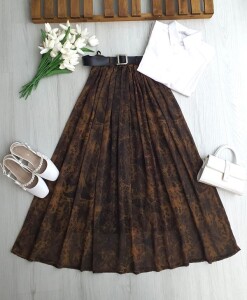 MALEL DUMAN DESENLİ DERİ KEMERLİ BELİ LASTİKLİ ASTARLI ŞİFON ETEK A6-6-6115-19-HARDAL - 1