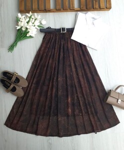 MALEL DUMAN DESENLİ DERİ KEMERLİ BELİ LASTİKLİ ASTARLI ŞİFON ETEK A6-6-6115-37-KAHVE - 1