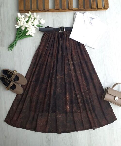 MALEL DUMAN DESENLİ DERİ KEMERLİ BELİ LASTİKLİ ASTARLI ŞİFON ETEK A6-6-6115-37-KAHVE - 1